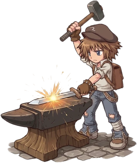 Seven, a chibi blacksmith in a cap, hammering a glowing sword on an anvil